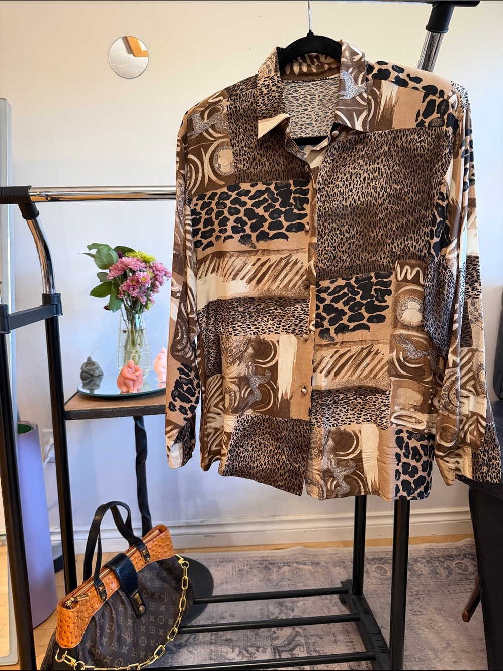 Vintage 100% Silk Animal Print Blouse Safari Patchwork